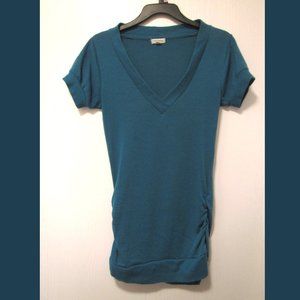 Zenana Outfitters V-Neck Teal Green Sweater Dress, Short Sleeves, Ruched Sides M